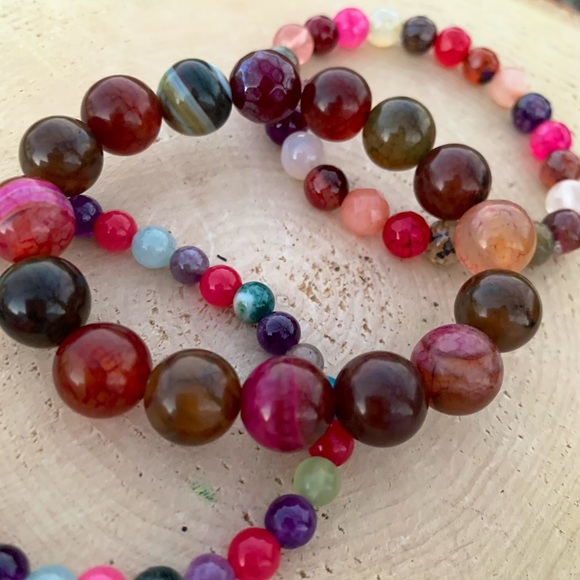 Natural Multi-Color Dyed Faceted Round Agate Gemstone Mixed Bead Bracelet Stack - Picture 11 of 13